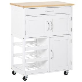 Carro de cocina auxiliar con ruedas, cajón, 2 armarios y 3 estantes, 67x37x87 cm blanco