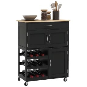 Carrito de Cocina con Ruedas, Carro de Cocina Rodante con Cajón, 2 Armarios de Almacenaje y 3 Estantes Abiertos de 9 Botellas, para Comedor, Salón, Restaurante, 67x37x87 cm, Negro