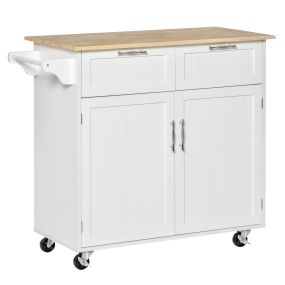 Isla de cocina con ruedas, mueble auxiliar con 2 puertas, 2 cajones, toallero y estante ajustable, blanco, 104x46x91 cm