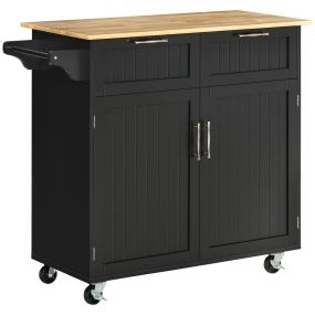 Isla de cocina con ruedas negra 104x46x91 cm con 2 puertas, 2 cajones, toallero y estante ajustable