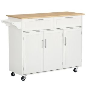 Isla de cocina con ruedas, 2 cajones, 3 puertas y barra lateral, 121x46x91 cm, roble y blanco