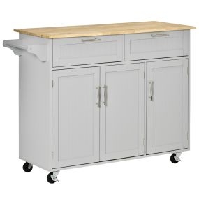 Isla de cocina con ruedas, 2 cajones, 3 puertas y barra lateral, 121x46x91 cm, gris