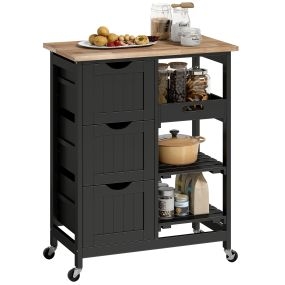 Carro de Cocina, Carrito Auxiliar con Ruedas, Tablero de Madera, 3 Cajones, 2 Estantes Abiertos y Bandeja Extraíble, para Comedor Salón, 67x37x85,5 cm, Negro