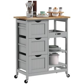 Carro de cocina auxiliar con ruedas, tablero de madera, 3 cajones, 2 estantes y bandeja, gris, 67x37x85,5 cm