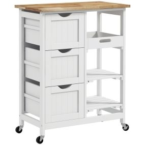 Carro de cocina con ruedas, tablero de madera, 3 cajones, 2 estantes y bandeja, blanco, 67x37x85,5 cm