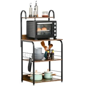 Estantería de cocina de 4 niveles con ganchos para microondas 60x40x125 cm marrón rústico y negro