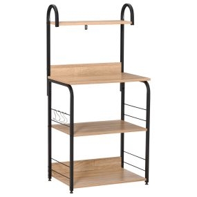 Estantería de cocina de 4 niveles con ganchos para microondas 60x40x125 cm madera natural