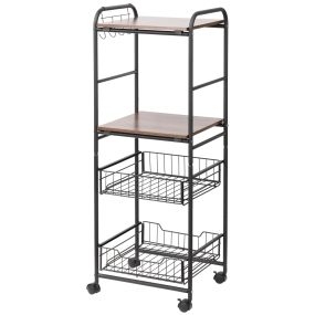 Carrito auxiliar de cocina con ruedas, 2 estantes, 2 cestas y 4 ganchos, nogal y negro 40x38x111 cm
