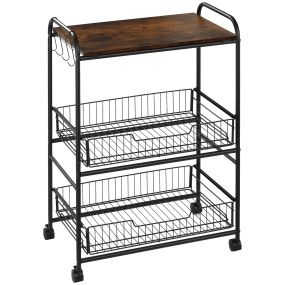 Carrito auxiliar con ruedas de 3 niveles con 2 cestas y 4 ganchos 60x38x85,5 cm marrón rústico