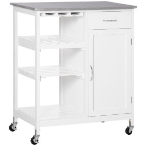 Carro de cocina con ruedas, 1 cajón, estantes extraíbles, botellero 4 botellas, blanco 76x48x88 cm