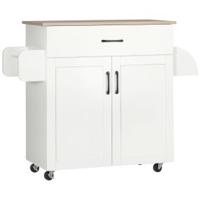 Isla de cocina con ruedas, cajón, 2 puertas, toallero, especiero y estante ajustable, blanco, 105x36x85 cm