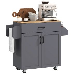 Isla de cocina con ruedas, cajón, 2 puertas, toallero y especiero, estante ajustable, gris, 105x36x85 cm