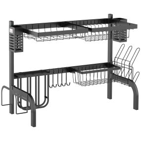 Escurreplatos de acero de 2 niveles para fregadero con soporte para tabla y cubiertos, 65x31,5x52,5 cm, negro