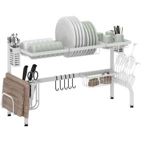 Escurreplatos sobre fregadero de acero de 2 niveles con soporte para tabla y cubiertos 100x30x54,5 cm blanco