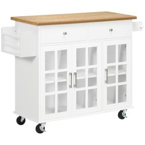 Carro de cocina isla con ruedas, 2 cajones, 3 puertas de vidrio templado, toallero y especiero, blanco, 124,5x39,5x90 cm