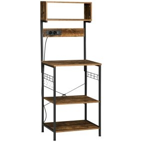 Estantería de cocina industrial con toma de corriente, estantes ajustables, ganchos y cesta metálica 60x42x153 cm marrón rústico