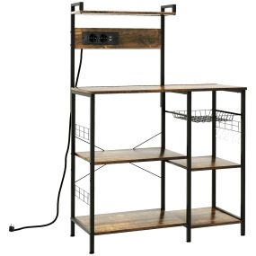 Estantería de cocina industrial con toma de corriente, 2 puertos USB, 90x42x130 cm, marrón rústico