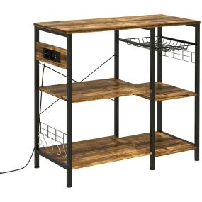 Estantería de cocina industrial con toma de corriente, estantes ajustables, ganchos y cesta metálica 90x40x83 cm marrón rústico