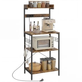 Estantería de cocina con 2 tomacorrientes, estante para microondas, 60x42x137 cm, marrón rústico y negro