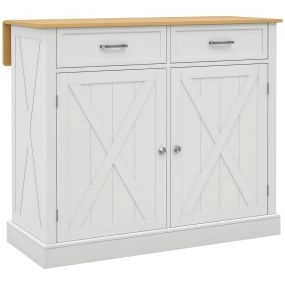 Isla de cocina con encimera de madera plegable, 2 puertas, 2 cajones, estante ajustable y 4 ruedas, 105x60x90,5 cm, blanco