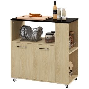 Carrito Auxiliar con Ruedas, Carrito de Cocina con 2 Puertas, Estante Ajustable, Especieros, para Comedor, 75x40x80,5 cm, Natural