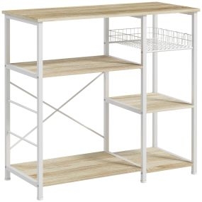 Estantería de cocina moderna con 1 cesta, 4 ganchos, 6 almohadillas ajustables, 90x40x84,5 cm, roble y blanco