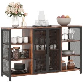 Aparador de cocina industrial con 6 estantes abiertos, porta copas y estante ajustable 120x40x76 cm marrón rústico