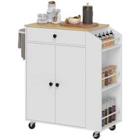 Isla de cocina con ruedas blanca 82x38x86,5 cm con 2 puertas, cajón, especiero, toallero y estante ajustable