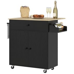 Isla de cocina con ala abatible, ruedas, 2 puertas, cajón, especiero y estante ajustable 106x42x87 cm negro y roble