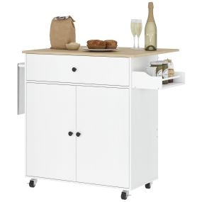 Isla de cocina con ala abatible, ruedas, 2 puertas, cajón, especiero y estante ajustable 106x42x87 cm blanco y roble