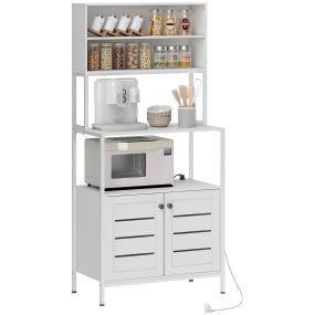 Estantería de cocina con toma de corriente, soporte para microondas, 2 puertas, 2 USB, acero, blanco