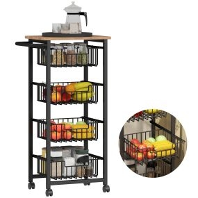 Carrito verdulero de cocina con ruedas, 4 cestas deslizables, acero, roble, 49,5x31x91 cm