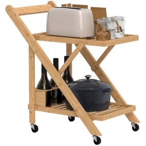 Carrito de Cocina de Bambú con Ruedas, Carro de Cocina Plegable con Soporte para Vino, 2 Estantes, Organizador para Comedor o Salón, 66x40x70 cm, Natural