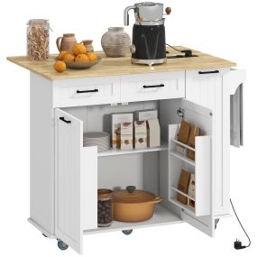 Isla de cocina con ruedas, toma de corriente USB, tablero plegable, 2 cajones, 2 puertas, blanco