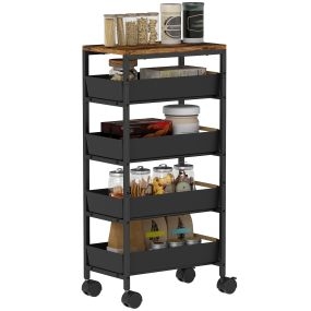 Carro de cocina de 5 niveles con ruedas, 4 cajones, efecto madera, negro, 39,5x24x82 cm