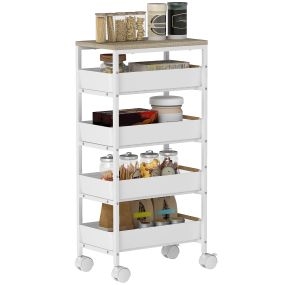 Carro de cocina de 5 niveles con ruedas, 4 cajones, efecto madera, blanco 39,5x24x82 cm