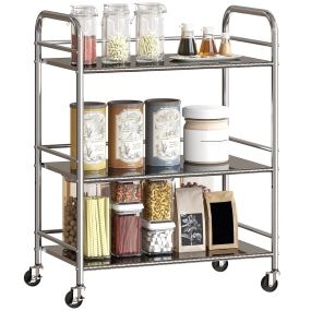 Carrito Auxiliar con Ruedas de Acero Inoxidable, Carro de Servicio de 3 Niveles con Estante Ajustable, 4 Ruedas, Carrito para Cocina, Restaurante, 60x35x77 cm, Plata