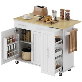 Isla de Cocina con Ruedas, Encimera Plegable, Carro de Cocina con 2 Puertas con Cierre Suave, Bandeja Extraíble de 3 Niveles, 2 Cajones, Toallero, Especiero, Blanco