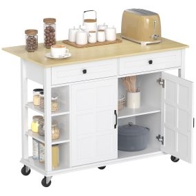 Isla de cocina con ruedas, encimera plegable, 2 puertas, 2 cajones, 6 estantes, blanco