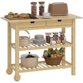 Carrito auxiliar de bambú con ruedas, 2 cajones, 2 estantes, 100x43x75 cm, natural
