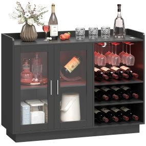 Mueble de bar negro con luces LED RGB, botellero para 12 botellas y estante ajustable