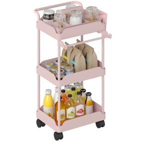 Carrito auxiliar con ruedas de 3 niveles, cestas extraíbles, freno, soporte para toallas, rosa