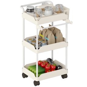 Carrito auxiliar con ruedas de 3 niveles, cestas extraíbles, freno, soporte para toallas, blanco