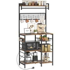 Estantería de cocina industrial con 3 enchufes, luces LED, microondas y cesta de malla 80x42x162 cm marrón rústico y negro