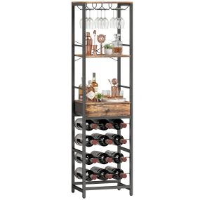 Mueble bar para vinos con soporte de copas y cajón, botellero 12 botellas, 40x30x148 cm, marrón rústico