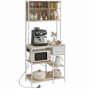 Estantería de Cocina con Enchufes y Puertos USB, Mueble Auxiliar de Cocina, Soporte de Microondas, 8 Estantes, 6 Ganchos, Cajón de Tela, para Espacios Reducidos, 80x40x181 cm, Roble