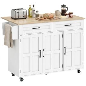 Isla de cocina con encimera extensible, carro con ruedas, 2 cajones, 3 armarios, blanco