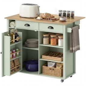 Isla de Cocina con Tablero Plegable y Ruedas, Mueble Auxiliar de Cocina con Especiero, Toallero, Armario, 2 Cajones, Estantes Abiertos, 117,5x70x91 cm, Verde Claro