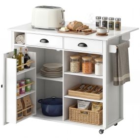 Isla de cocina con tablero plegable y ruedas, mueble auxiliar blanco 117,5x70x91 cm