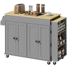 Isla de cocina con ruedas gris con encimera extensible, 4 puertas, estantes ajustables y soporte para toallas